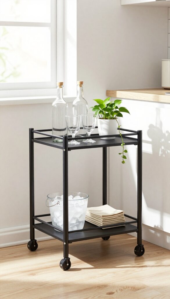 A narrow rolling bar cart in a kitchen corner with glassware, bottles, and a trailing plant.