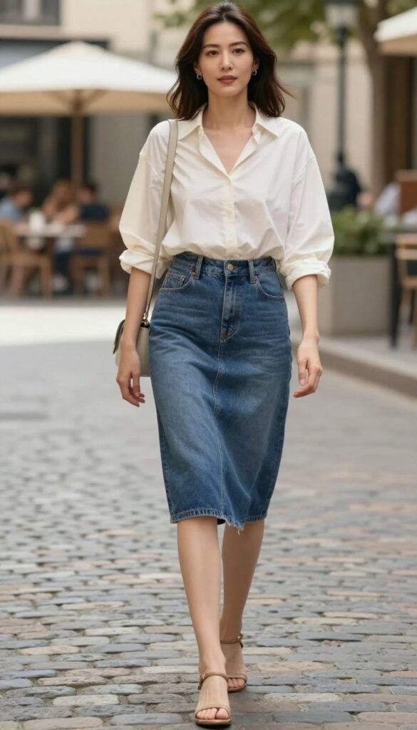 A woman wearing a denim skirt and lightweight blouse outfit for summer travel, styled with strappy sandals and a shoulder bag, in a casual outdoor setting.