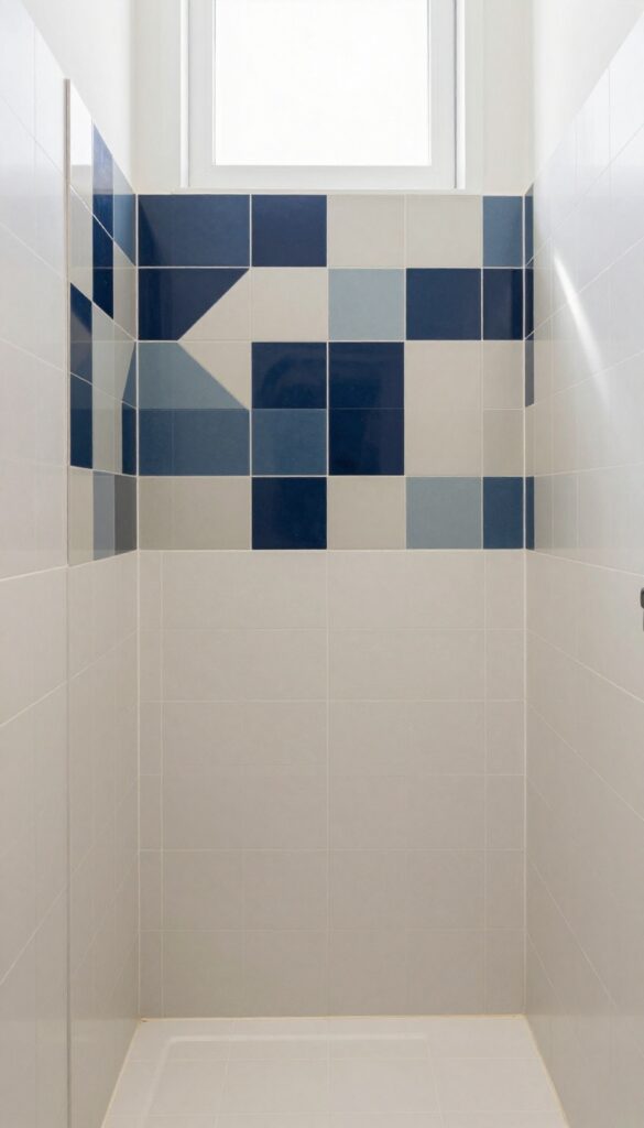 Shower stall with a focal wall of bold geometric patterned tiles and neutral tiles elsewhere, showcasing a designed and intentional look in natural light.