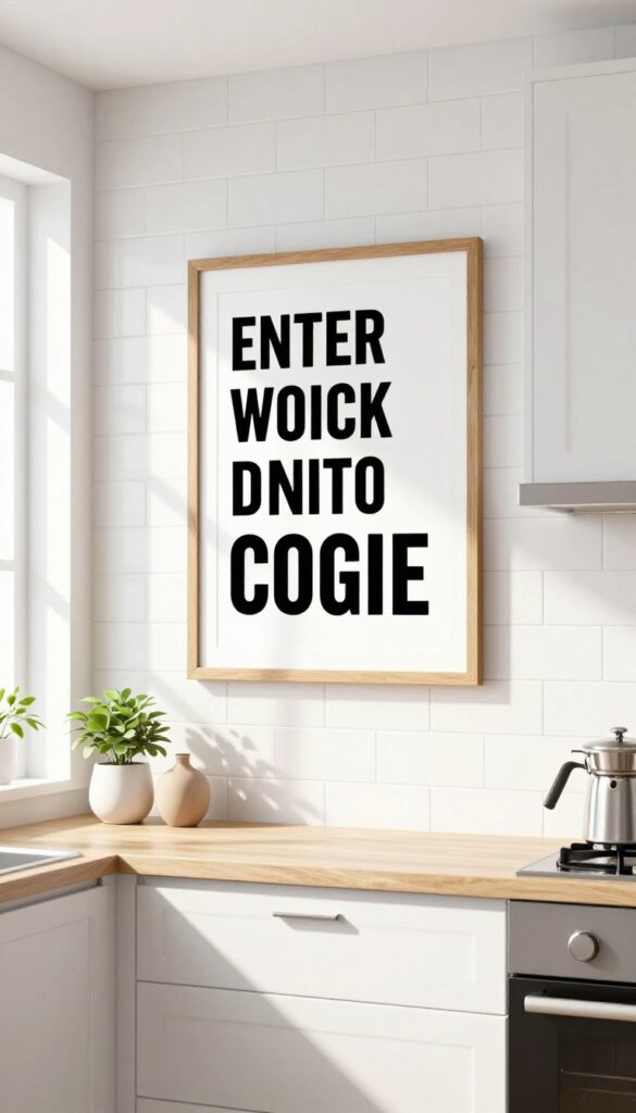 A modern kitchen with a framed typography poster on the wall, natural wood frame, black text on white, above a coffee station with plant and vase, bright natural light.