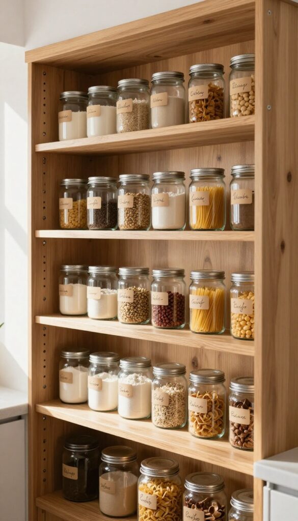 Open pantry shelving with uniform glass jars filled with dry goods, natural wood shelves, soft natural light, organized and warm kitchen interior.