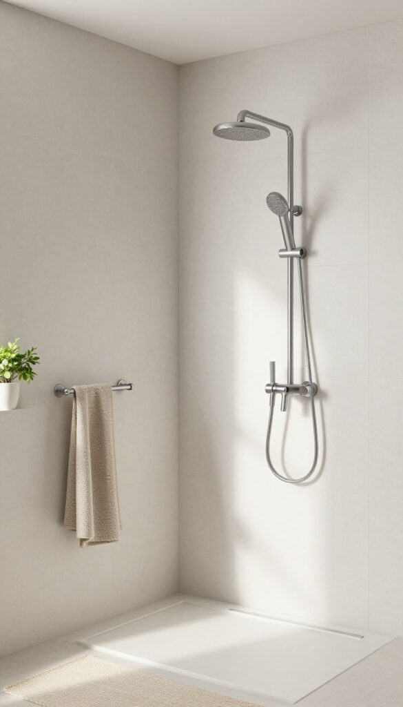 A modern minimalist shower with clean lines and neutral colors in a bright bathroom, featuring large tiles, chrome fixtures, a woven mat, and a simple plant for a calm, spa-like atmosphere.