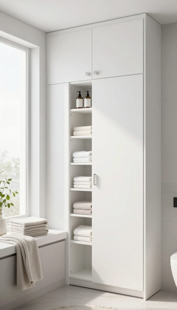 A tall white wall cabinet with slim depth mounted in a bathroom, providing closed storage to save space and keep the room organized.