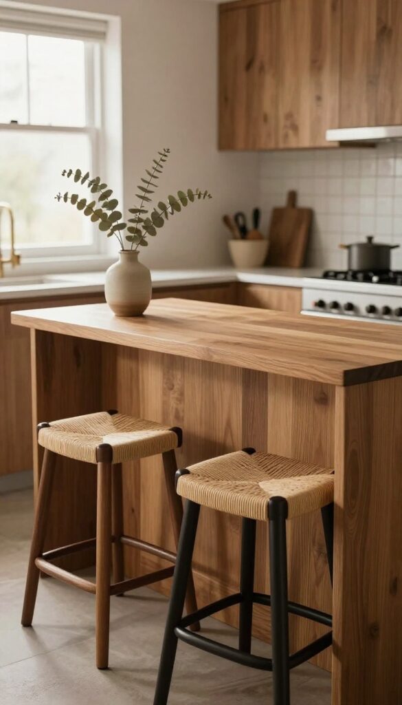 Cozy kitchen island with extended counter seating and two woven-seat bar stools