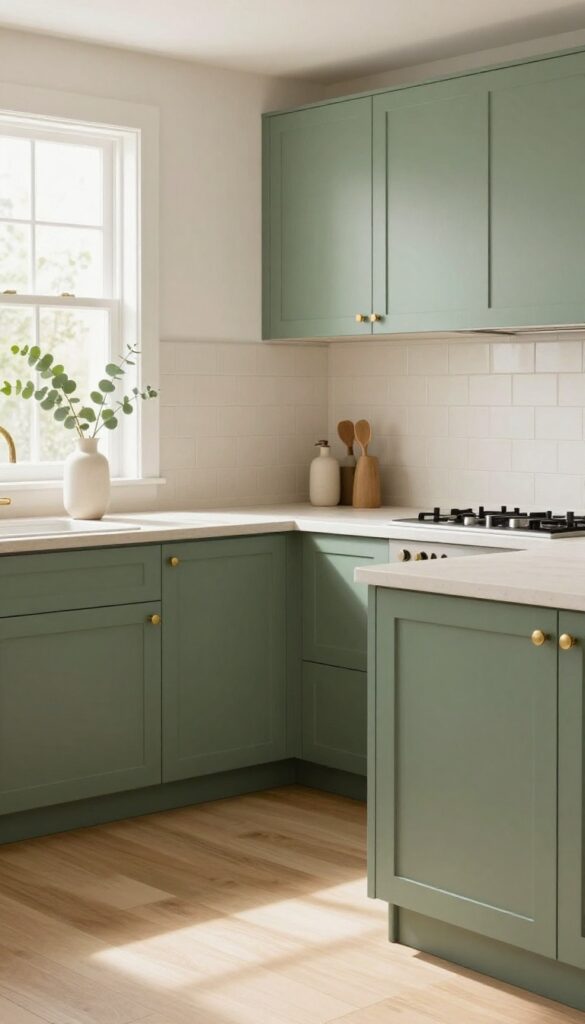 Sage green kitchen cabinets with brass hardware, cream backsplash, and light wood floors