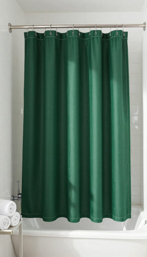 Dark green shower curtain with white stitching in a bright bathroom