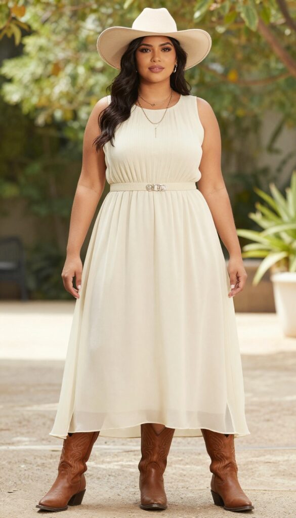 A woman wearing a lightweight maxi dress with brown western boots, styled with accessories like a hat and layered necklaces, in a casual summer outdoor setting.