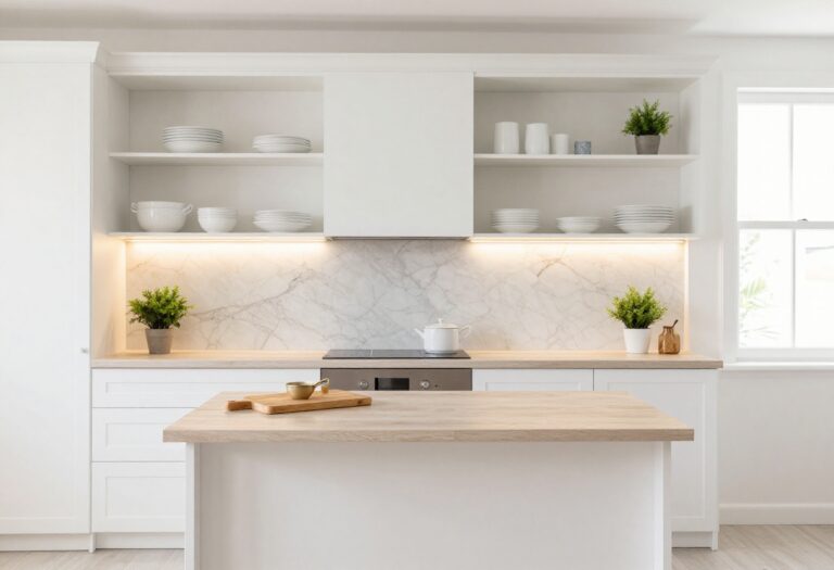 Bright apartment kitchen with open shelving, white cabinets, marble backsplash, and plants
