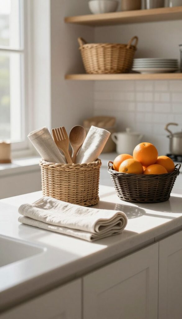 A kitchen counter with two woven baskets: one large seagrass basket with napkins and utensils, one small dark wicker basket with oranges, soft natural light.
