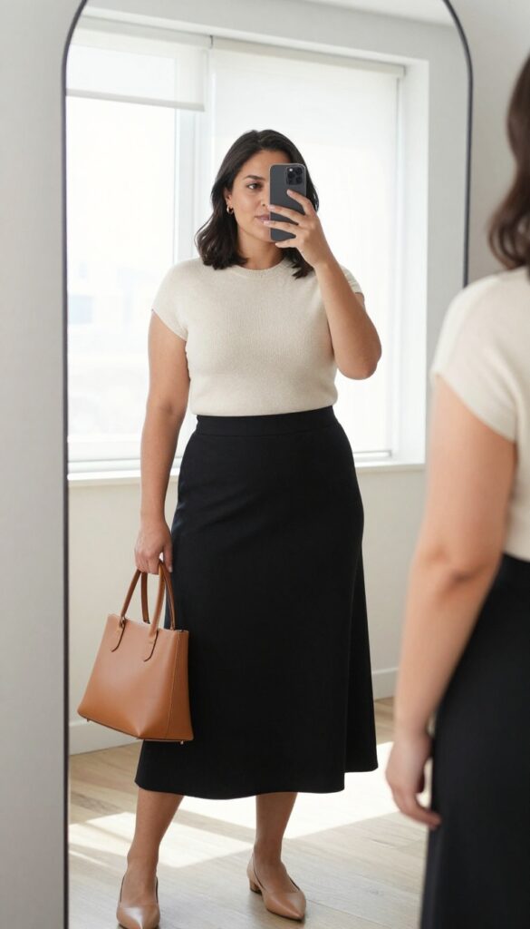 Plus-size woman in black midi skirt and cream knit top, taking a mirror selfie in a bright bedroom. Corporate casual outfit with nude flats and tan tote bag.