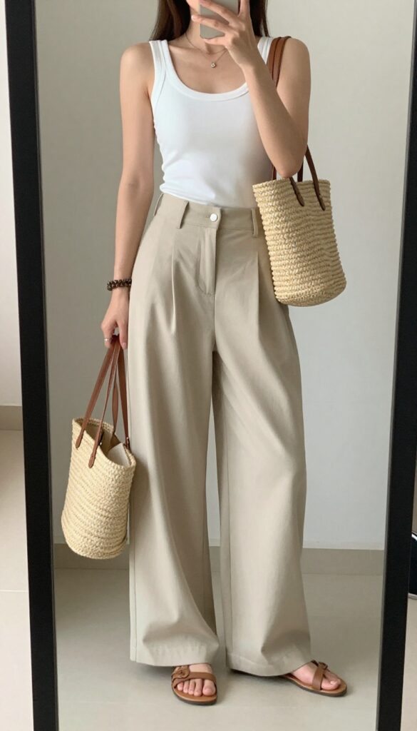 Summer vacation outfit idea: woman in white tank top and wide-leg pants with flat sandals and straw tote, styled for comfort and polish in a bright outdoor setting.