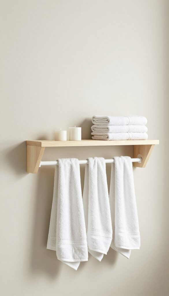 A bathroom with a floating shelf and towel bar combination for neat towel storage and hanging.