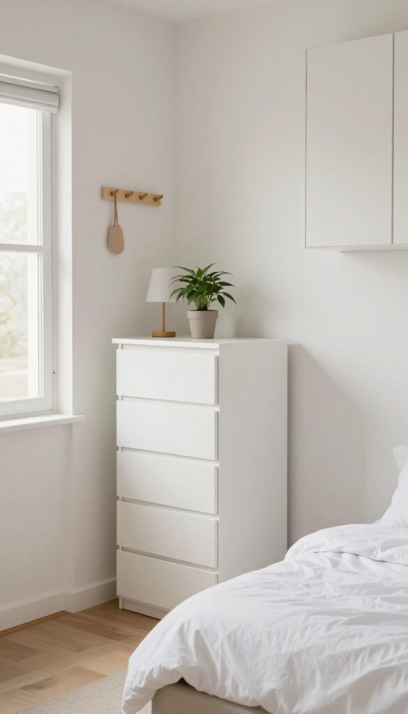 Tiny bedroom with vertical storage: tall narrow dresser, wall-mounted cabinet, and peg rail, bright natural light.