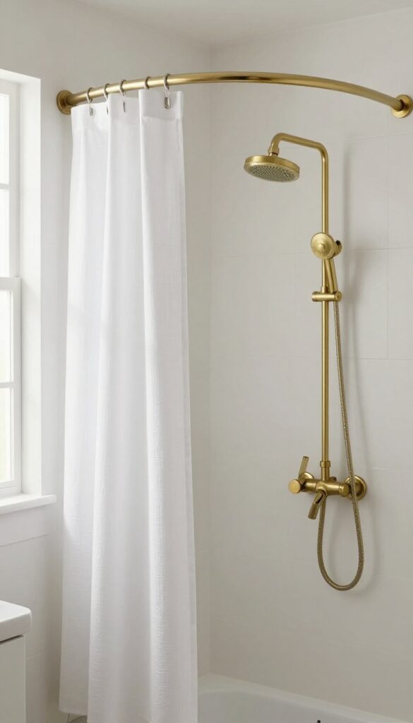 Small bathroom with curved shower rod and white fabric curtain, brass hardware, natural light.
