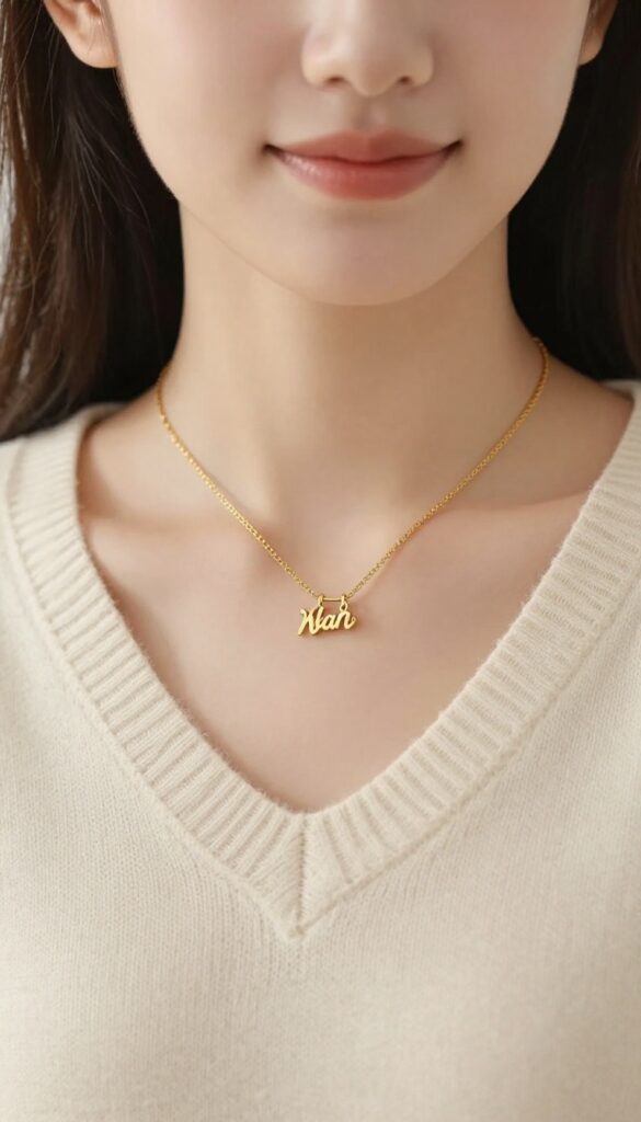 Teenage girl wearing a delicate gold name necklace in soft natural light