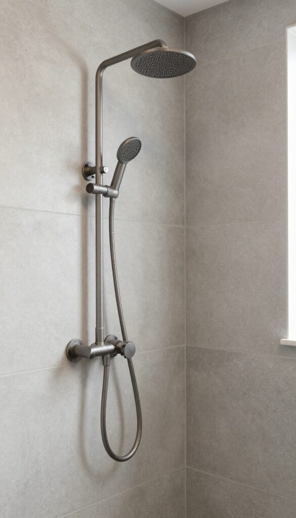 Industrial-style shower with exposed metal pipes and concrete finishes in a modern bathroom.