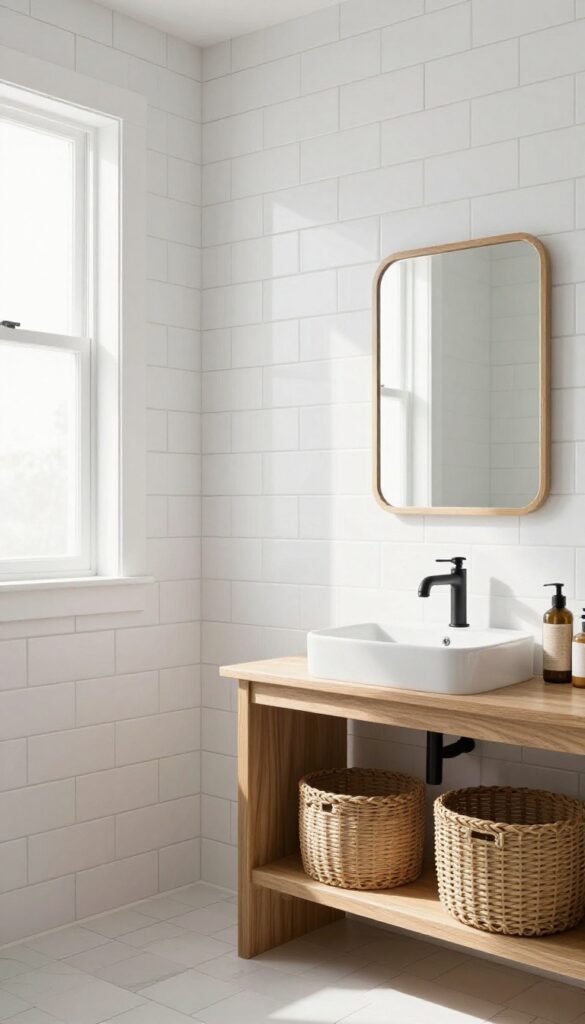 White subway tiles with black grout in a bright bathroom, featuring black fixtures and natural wood accents for a timeless look.