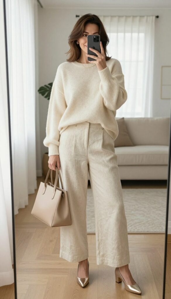 Millennial mom in cream monochrome outfit with metallic heel pumps, taking a mirror selfie in a bright living room.