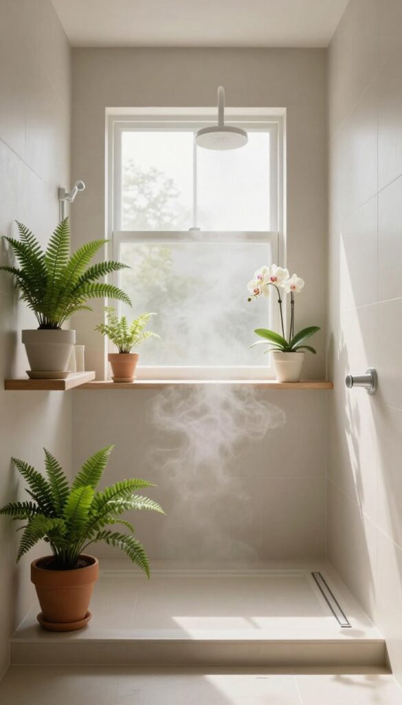 A steam shower area with humidity-loving plants in pots, showcasing natural decor inspiration for a relaxing bathroom.