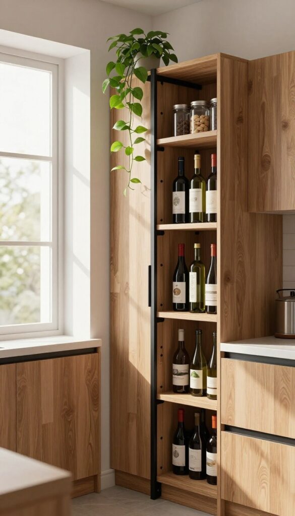 Slim wine rack integrated into pantry shelves with bottles and trailing plant