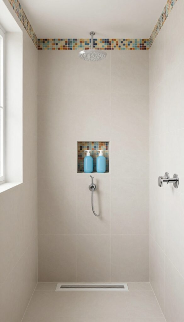 A modern bathroom shower with neutral tiles and a thin border of colorful mosaic accents along the top wall and inside a niche, highlighting shampoo bottles in soft blue tones under bright natural light.