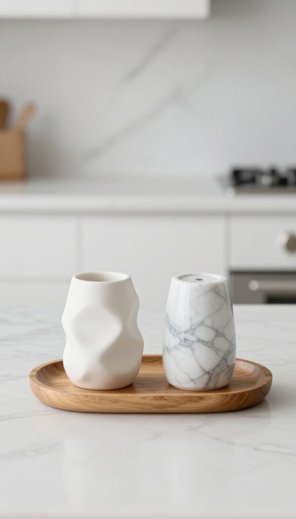 Sculptural salt and pepper cellars on a wooden tray on a modern kitchen countertop