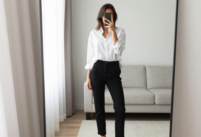 Woman in black pants and oversized white shirt taking a mirror selfie, casual outfit idea
