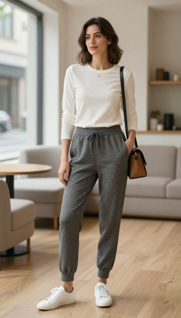 A woman in neutral tapered joggers and a fitted white tee, wearing white sneakers and a crossbody bag, standing in a bright living room with natural light.