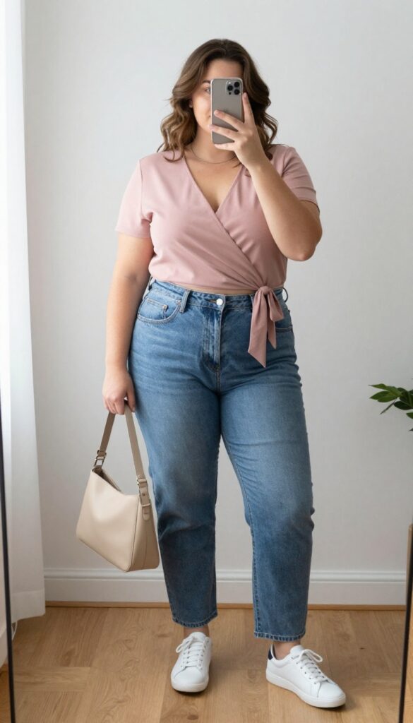 Plus-size woman in a pastel pink wrap top and high-waisted jeans taking a mirror selfie, showcasing natural waist definition.