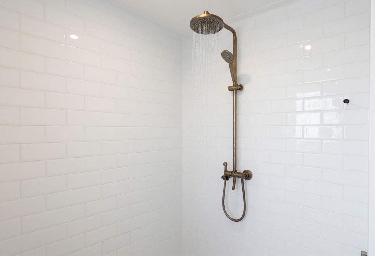 Modern bathroom shower with white subway tiles in herringbone pattern and dark grout, showcasing a stylish and fresh design.