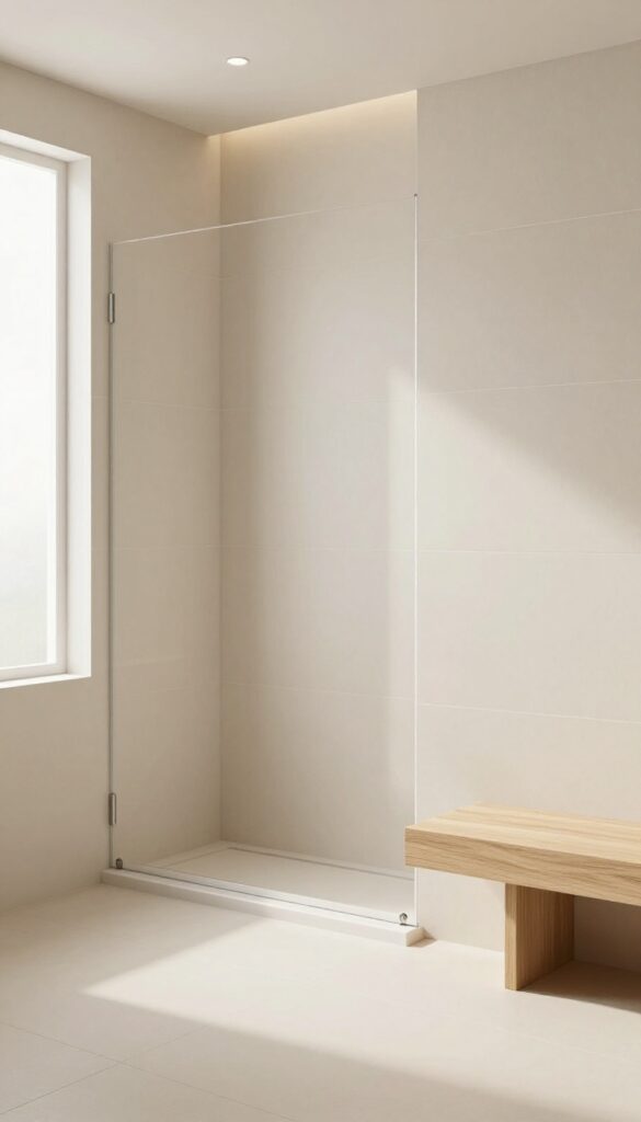 A walk-in shower with large cream tiles on walls and floor, showing seamless elegance and calm in bright natural light.