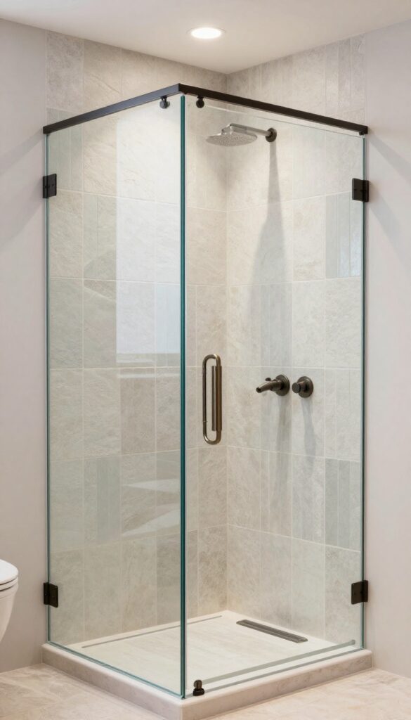 A photorealistic shower interior with a mixed material feature wall combining glossy glass and matte stone tiles in a clean vertical stripe pattern under bright natural light.