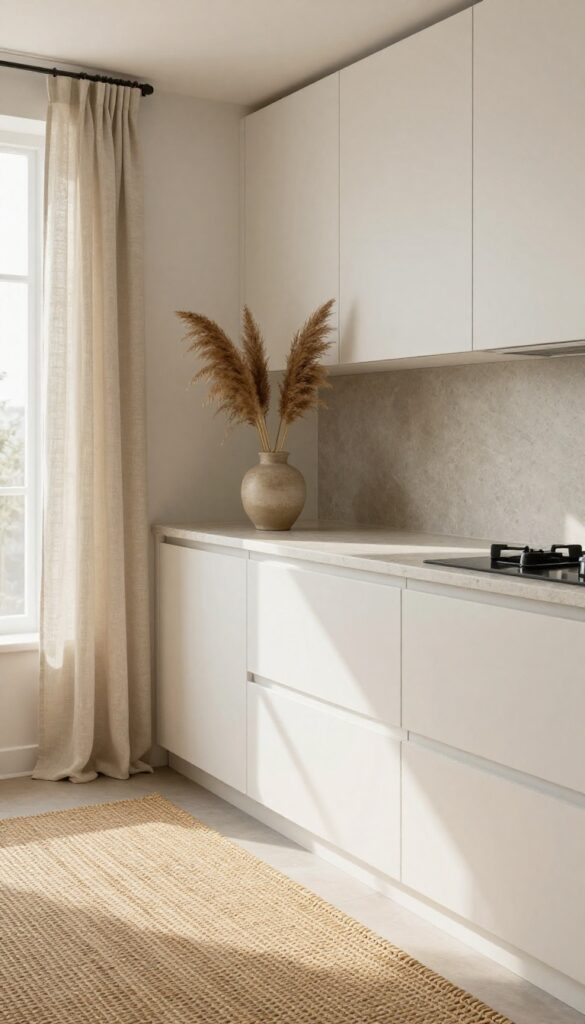 Modern single-wall kitchen with layered natural textures: stone countertop, seagrass runner, linen curtain, and ceramic vase.