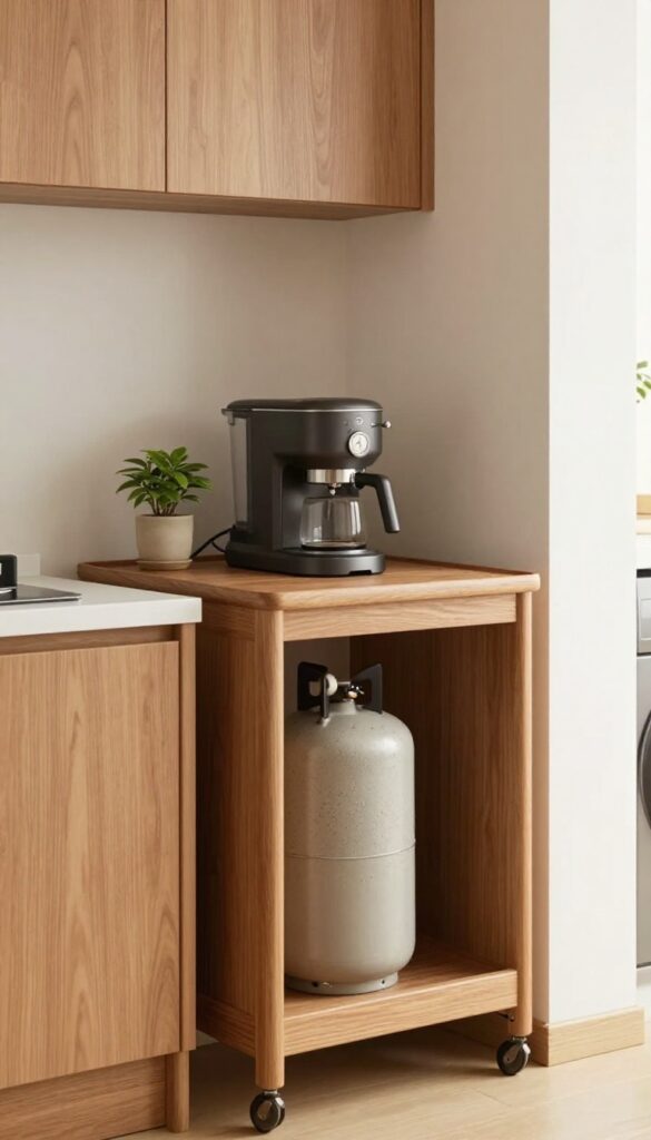 Rolling cart with hidden compartment for gas cylinder in modern kitchen