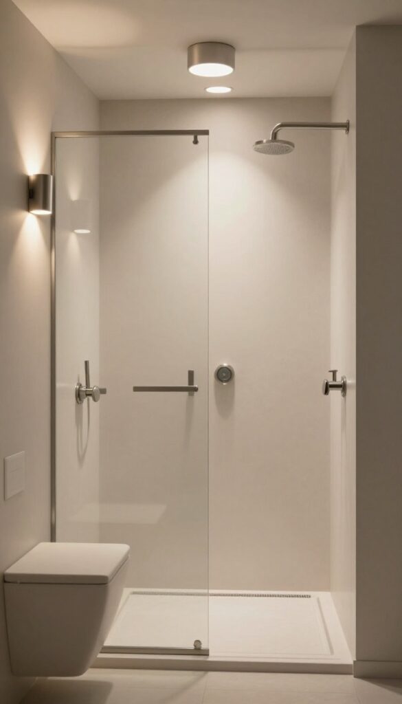 A bright, photorealistic image of a walk-in shower with layered lighting including dimmers and sconces, showcasing a spacious, custom bathroom design in natural light.