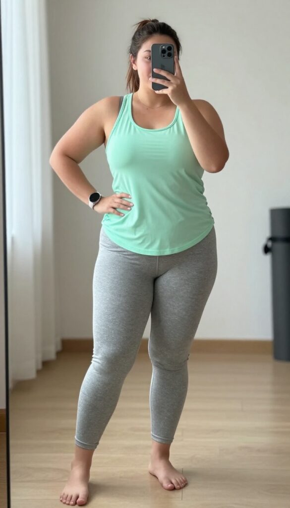Plus-size woman in flowy tank and athletic shorts taking a mirror selfie, showcasing a breathable summer gym outfit with sneakers and ponytail.