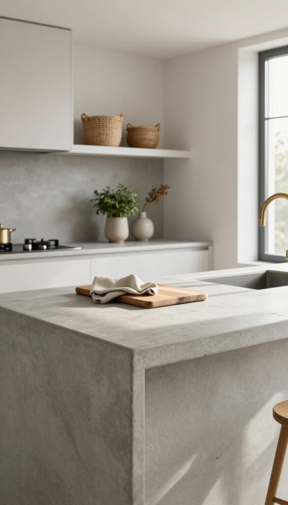 Small kitchen with hand-troweled concrete countertop, warm accents, and natural light
