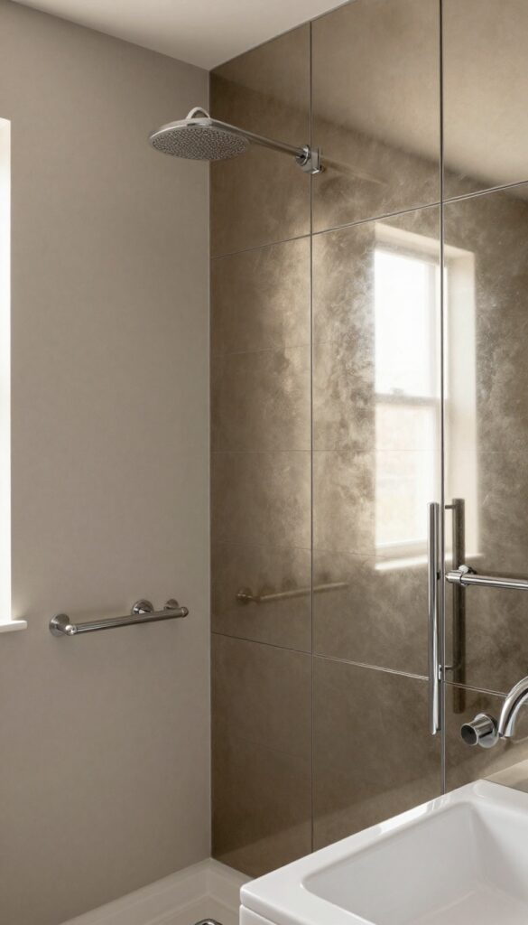 A modern bathroom with shiny mirrored and metallic tiles above the shower surround in chrome and bronze finishes, reflecting natural light to enhance brightness and create a luxurious feel.
