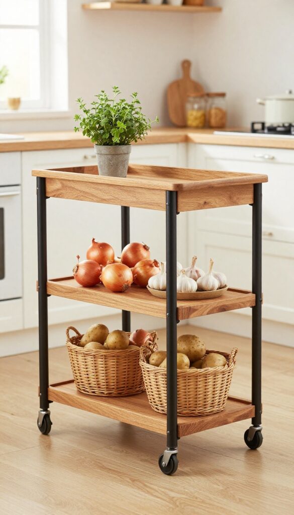 Rustic wooden kitchen trolley with black metal wheels, holding woven baskets of produce and a potted herb.
