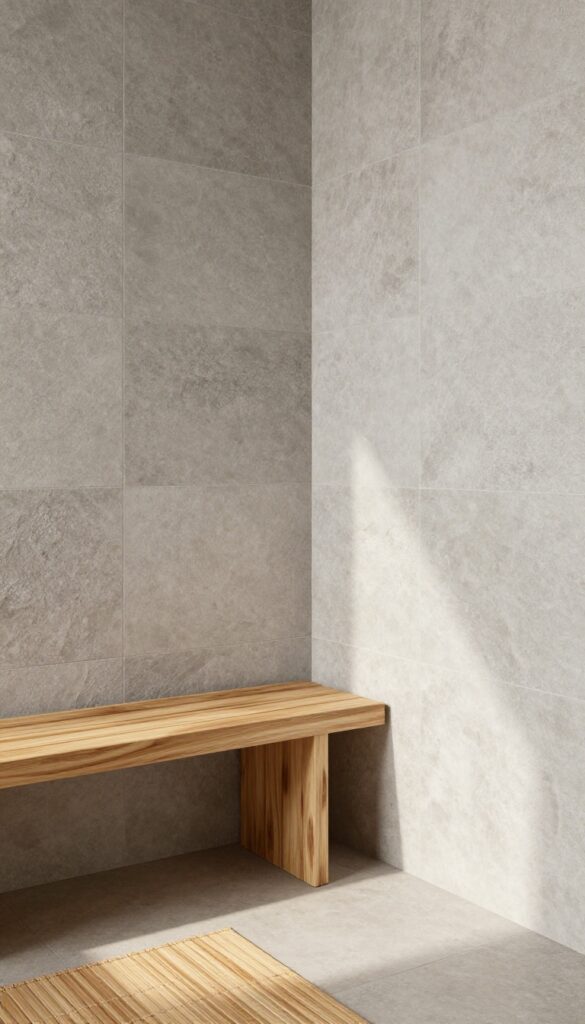 Textured stone-look grey tile shower with teak bench and bamboo mat, spa-like ambiance