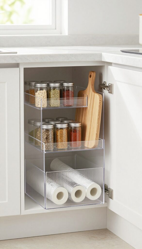 Over-the-door organizer on pantry door with spices and cutting boards