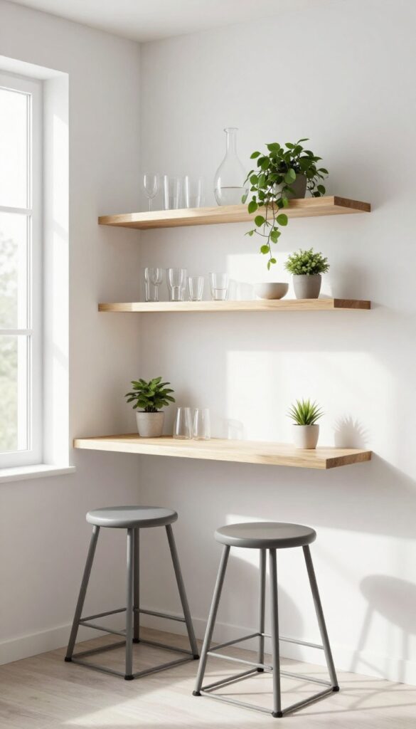 Floating shelf bar nook in a bright kitchen with stools and glassware
