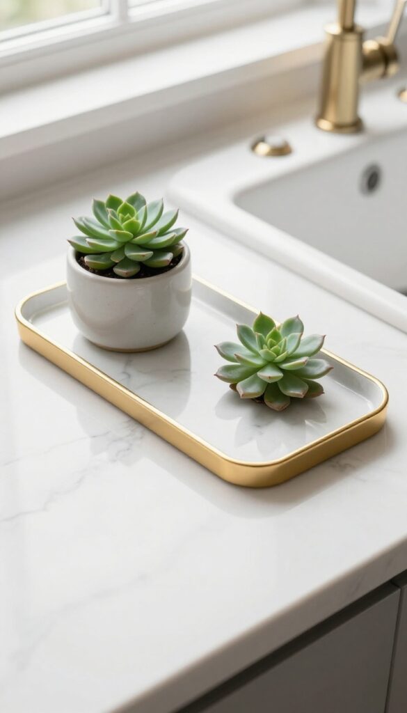 Marble rectangle tray with gold edges on kitchen counter, holding soap dispenser and succulent