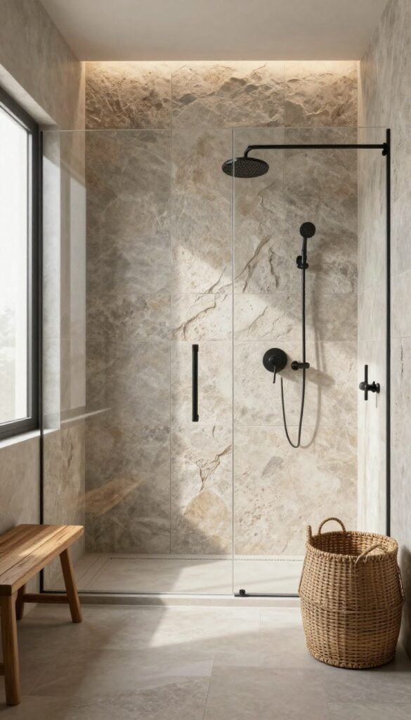 A walk-in shower with textured stone walls in neutral tones, featuring natural light and simple fixtures for a cozy, modern bathroom look.