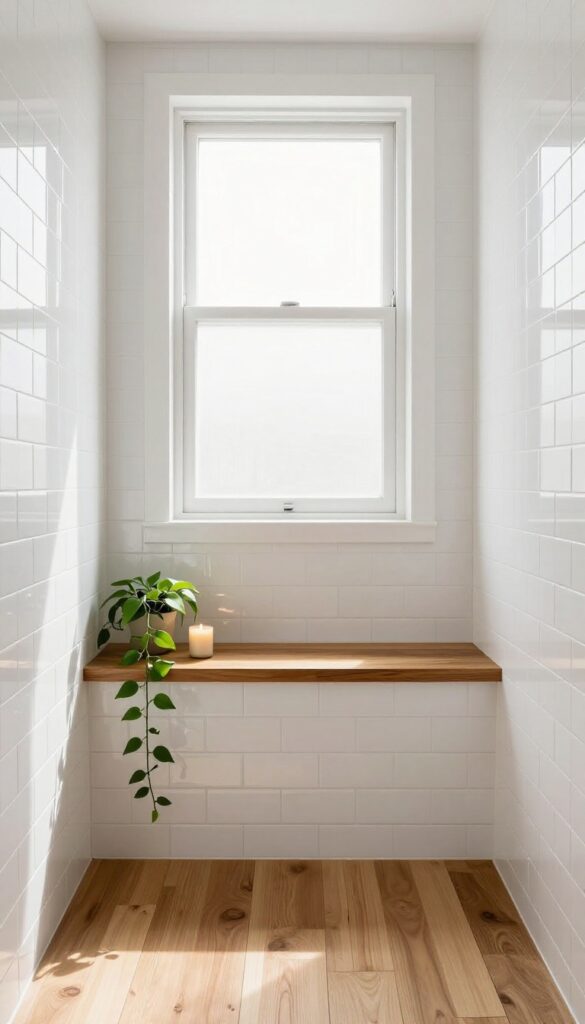 Narrow wooden ledge at bottom of shower window holding a candle and small plant