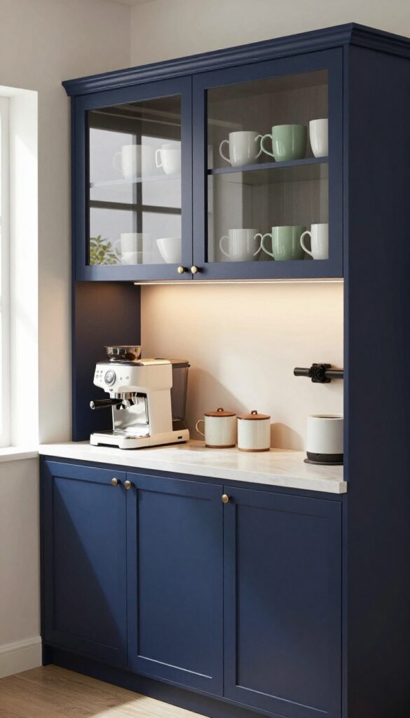 Glass-front upper cabinets with navy interior displaying white mugs, warm puck lights, coffee station below, natural light.