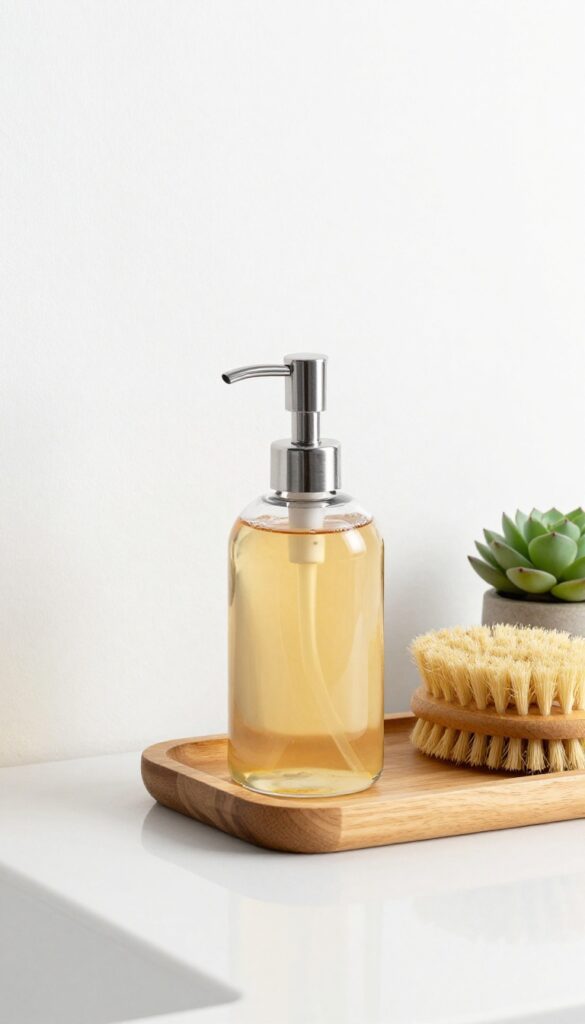 Clear glass soap dispenser with amber soap on a wooden tray with a dish brush and succulent in a bright minimalist kitchen.