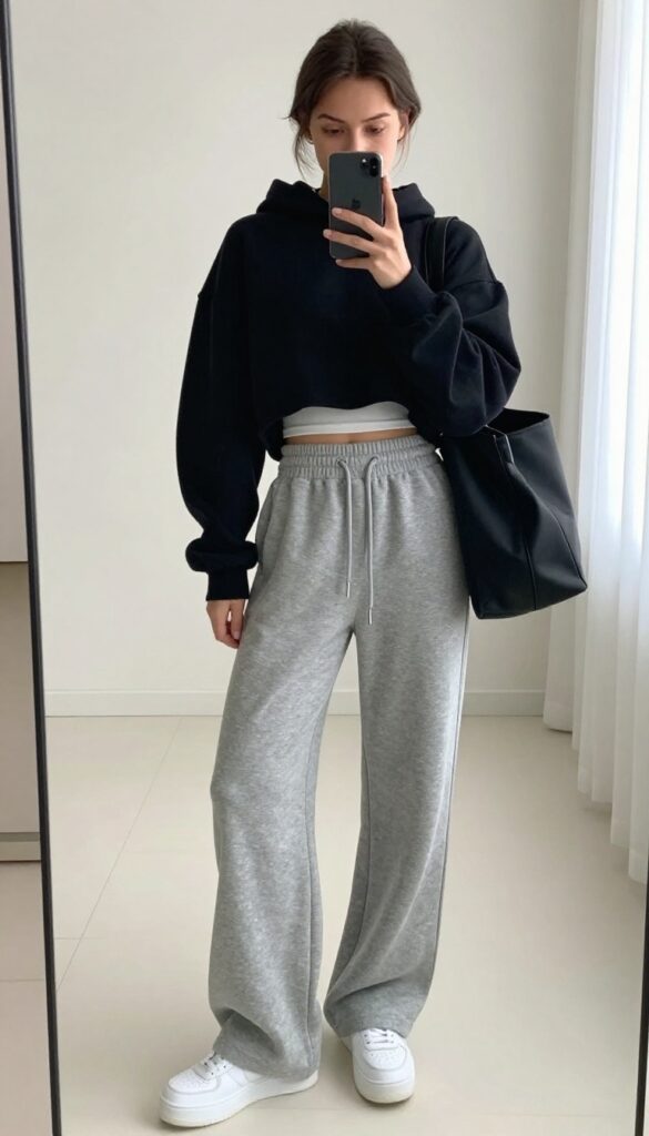 Woman in wide-leg sweatpants and cropped hoodie taking a mirror selfie, showing balanced proportions with platform sneakers and tote bag.