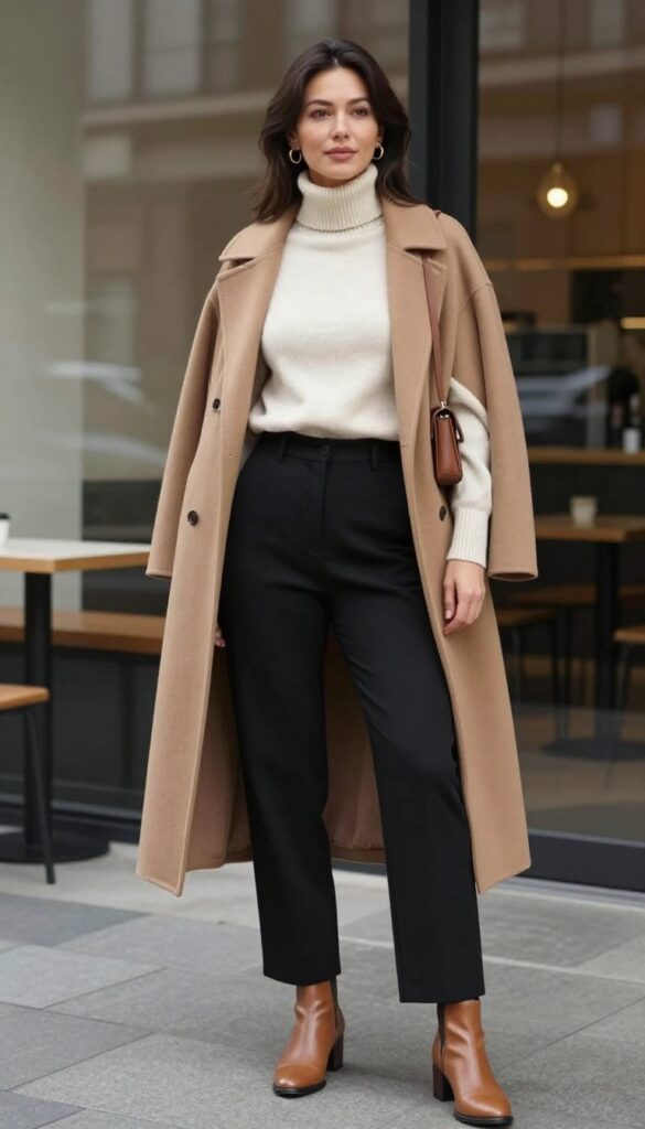 Woman in fitted cream turtleneck and high-waisted black trousers with camel coat and ankle boots, smart casual winter outfit.