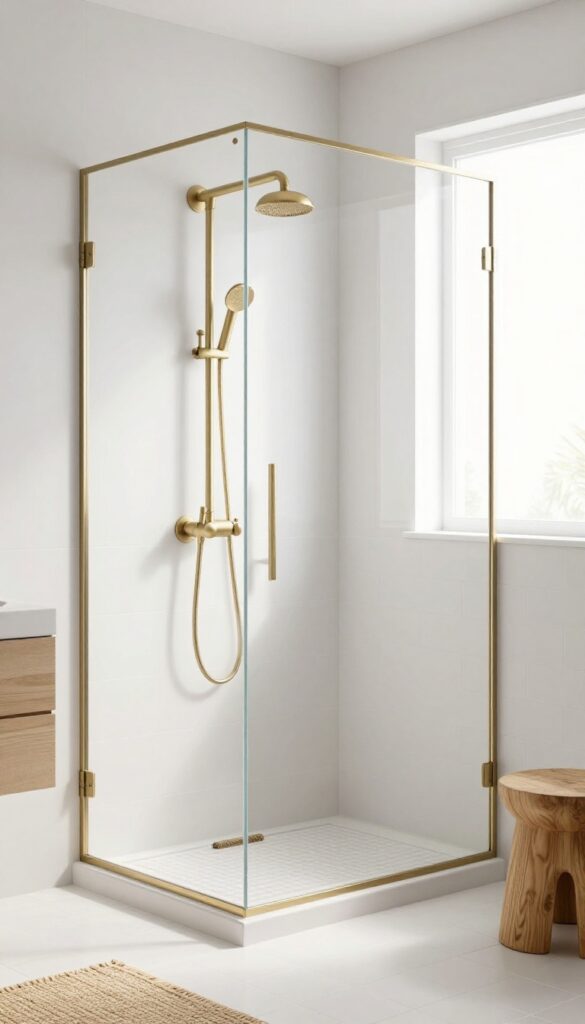 A minimalist tile shower in a master bathroom with sleek brushed nickel fixtures, white subway tiles, natural light, and textured accents like a woven bath mat and wooden stool.